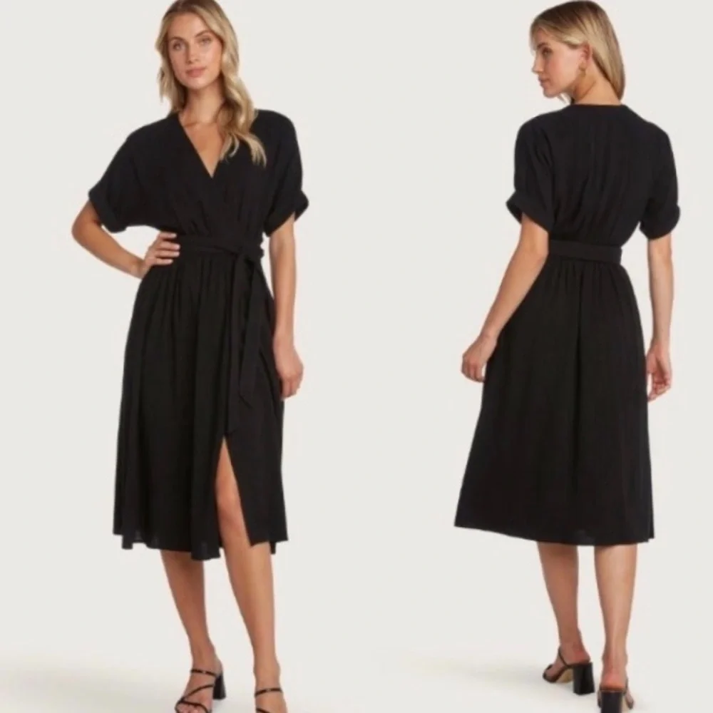 WILLOW Anthropologie Womens Wrap Dress Midi Black short Sleeve Size M Linen NEW - Picture 1 of 15